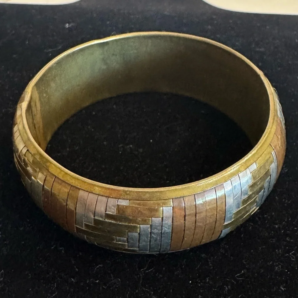 Vintage Metal Bangle Bracelet Tri-Color Woven Copper Bronze Silver Artsy Jewelry